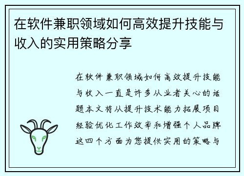 在软件兼职领域如何高效提升技能与收入的实用策略分享