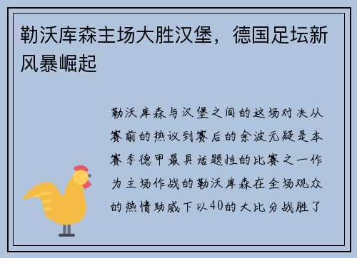 勒沃库森主场大胜汉堡，德国足坛新风暴崛起