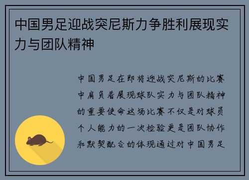 中国男足迎战突尼斯力争胜利展现实力与团队精神