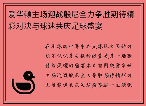 爱华顿主场迎战般尼全力争胜期待精彩对决与球迷共庆足球盛宴