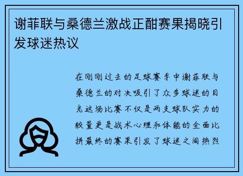 谢菲联与桑德兰激战正酣赛果揭晓引发球迷热议