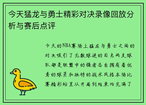 今天猛龙与勇士精彩对决录像回放分析与赛后点评