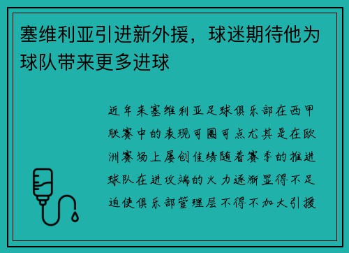 塞维利亚引进新外援，球迷期待他为球队带来更多进球