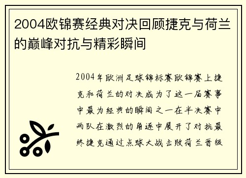 2004欧锦赛经典对决回顾捷克与荷兰的巅峰对抗与精彩瞬间