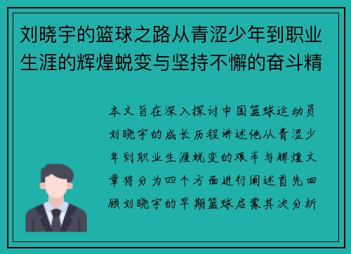 刘晓宇的篮球之路从青涩少年到职业生涯的辉煌蜕变与坚持不懈的奋斗精神