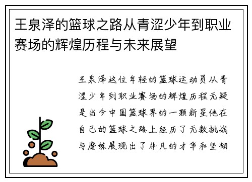 王泉泽的篮球之路从青涩少年到职业赛场的辉煌历程与未来展望
