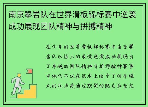 南京攀岩队在世界滑板锦标赛中逆袭成功展现团队精神与拼搏精神